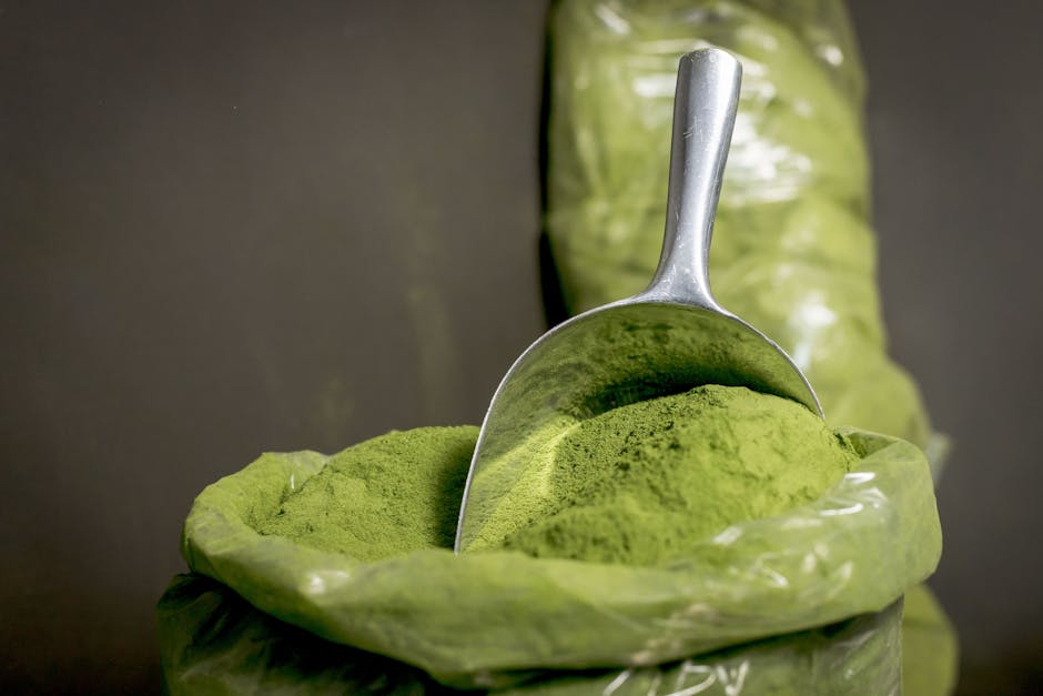 Bolsa de polvo de té matcha verde con cuchara metálica